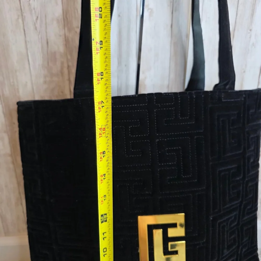 Balmain Large Black Velvet Quilted Tote Bag Gold Logo